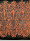 Orange Sequin Fabric on Black Mesh By The Yard Damask Design 4 Way Stretch Lace Sequin