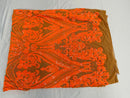Damask Royalty Design - Orange on DK Nude Mesh - 4 Way Stretch Sequins Fabrics By The Yard