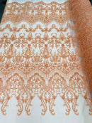 Peach Damask Design Beaded Fabric, Embroidered with Beads Wedding Bridal Sold By Yard