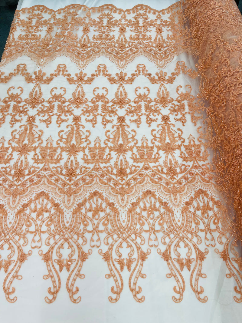 Peach Damask Design Beaded Fabric, Embroidered with Beads Wedding Bridal Sold By Yard