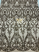 Dusty Rose Sequin Fabric On a Mesh 4 Way Stretch, Sequins Fabric Damask Design By The Yard