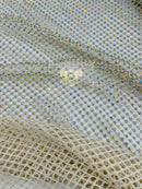 Fishnet Iridescent Rhinestones Fabric - Ivory - Spandex Fabric Fish Net with Crystal Stones by Yard