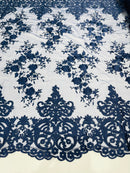 Navy Blue Bridal Lace - By The Yard - Floral Damask Design Embroidered on Mesh Lace Fabric