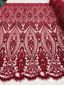 Beaded Fabric, Burgundy Damask Design Embroidered with Beads Wedding Bridal Sold By Yard