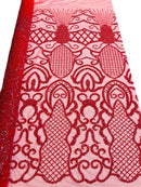 Fashion Design Bead Damask Fabric - Red  - Embroidered Elegant Design on Mesh Sold By The Yard