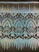 Aqua/Blue Iridescent Sequin Fabric, by the yard - Black Mesh 4 Way Stretch Aztec Design