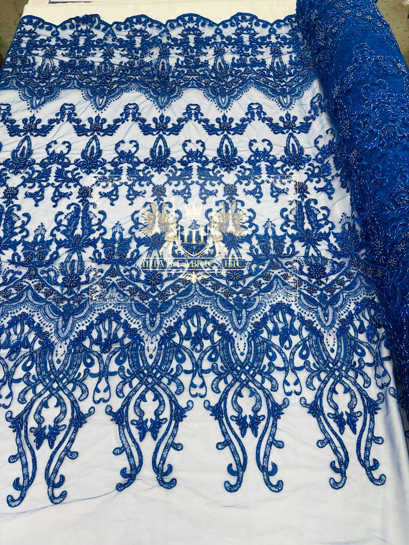 Royal Blue Damask Design Beaded Fabric, Embroidered with Beads Wedding Bridal Sold By Yard