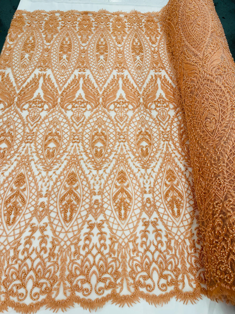 Beaded Fabric, Peach Damask Design Embroidered with Beads Wedding Bridal Sold By Yard