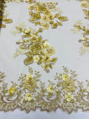 Gold/Yellow 3D Floral Design Embroider and Beaded With Pearls On a Mesh Lace-Prom-Dresses By The Yard