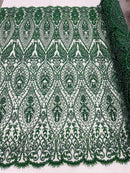 Beaded Fabric, Hunter Green Damask Design Embroidered with Beads Wedding Bridal Sold By Yard