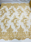Gold Bridal Lace - By The Yard - Floral Damask Design Embroidered on Mesh Lace Fabric