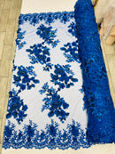 Royal Blue 3D Floral Design Embroider and Beaded With Pearls On a Mesh Lace-Prom-Dresses By The Yard