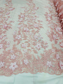 New Pink 3D Floral Design Embroider and Beaded With Pearls On a Mesh Lace-Prom-Dresses-Nightgown-Apparel-Fashion By The Yard