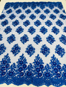 Lace Fabric - by yard - Corded Flower Embroidery With Sequins on a Mesh Lace Fabric For Wedding