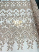 Blush Damask Design Beaded Fabric, Embroidered with Beads Wedding Bridal Sold By Yard