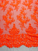 Neón Orange Floral Bridal Lace - By The Yard - Damask Design Embroidered on Mesh Lace Fabric