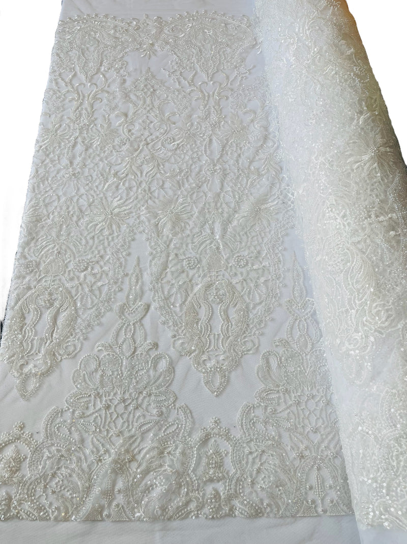 Damask Beaded Pattern Fabric - White - Embroidered Beaded Bridal Applique Fabric Sold By The Yard