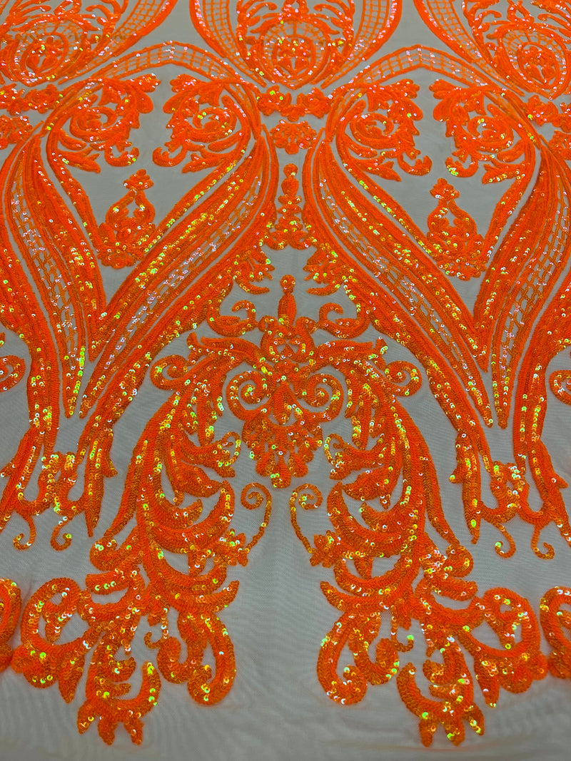 Damask Sequins - Orange on Dark Nude - Sequin Design on 4 Way Stretch Fabric By Yard