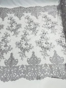Silver Bridal Lace - By The Yard - Floral Damask Design Embroidered on Mesh Lace Fabric