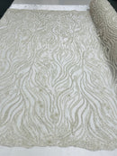 Off White Bridal Lace, Beaded Fabric - by the yard - Embroidered Design with Beads and Sequins