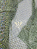 Fishnet Iridescent Rhinestones Fabric - Sage - Spandex Fabric Fish Net with Crystal Stones by Yard