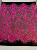 Hot Pink Sequin Fabric on Black Mesh By The Yard Damask Design 4 Way Stretch Lace Sequin