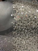 Beaded Sequins Mesh Fabric - Silver - Embroidered Beaded Wedding Bridal Fabric with Sequins By The Yard