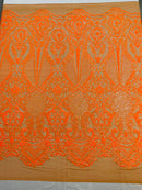 Orange Sequin Fabric on Dark Nude Mesh By The Yard Damask Design 4 Way Stretch Lace Sequin