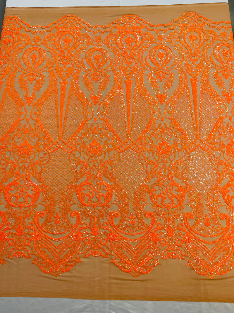 Orange Sequin Fabric on Dark Nude Mesh By The Yard Damask Design 4 Way Stretch Lace Sequin