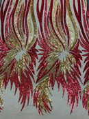 Angel Wings Sequins Fabric - Red / Gold on Dark Nude - 4 Way Stretch Feather Wings Sequins Design By Yard