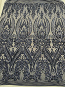 Navy Blue Sequins Fabric on Mesh, Damask Design 4 Way Stretch Sequin Fabric Sold By The Yard
