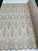 Beaded Fabric, Blush Damask Design Embroidered with Beads Wedding Bridal Sold By Yard