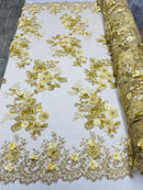Gold/Yellow 3D Floral Design Embroider and Beaded With Pearls On a Mesh Lace-Prom-Dresses By The Yard