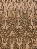 Coffee Sequins Fabric on Mesh, Damask Design 4 Way Stretch Sequin Fabric Sold By The Yard