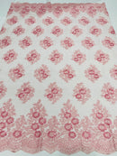 Lace Fabric - by yard - Corded Flower Embroidery With Sequins on a Mesh Lace Fabric For Wedding
