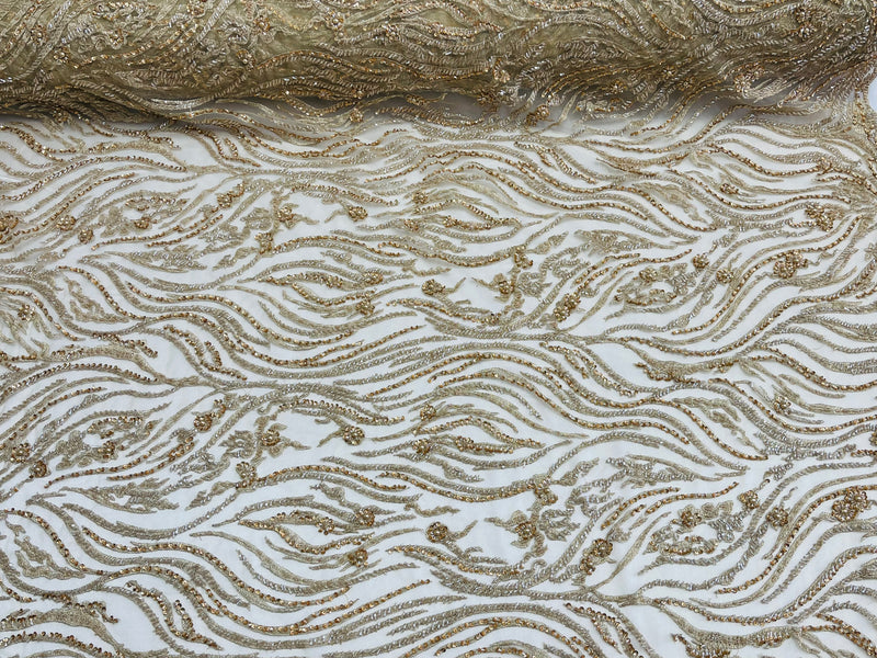 Honey Gold Bridal Lace, Beaded Fabric - by the yard - Embroidered Design with Beads and Sequins