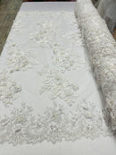 3D Floral Design Embroider and Beaded With Pearls On a Mesh Lace-Prom-Dresses By The Yard