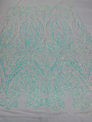 Iridescent Aqua/Blue Sequins Fabric Damask Design 4 Way Stretch Sequin Fabric Sold By The Yard