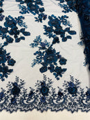 Navy 3D Floral Design Embroider and Beaded With Pearls On a Mesh Lace-Prom-Dresses By The Yard