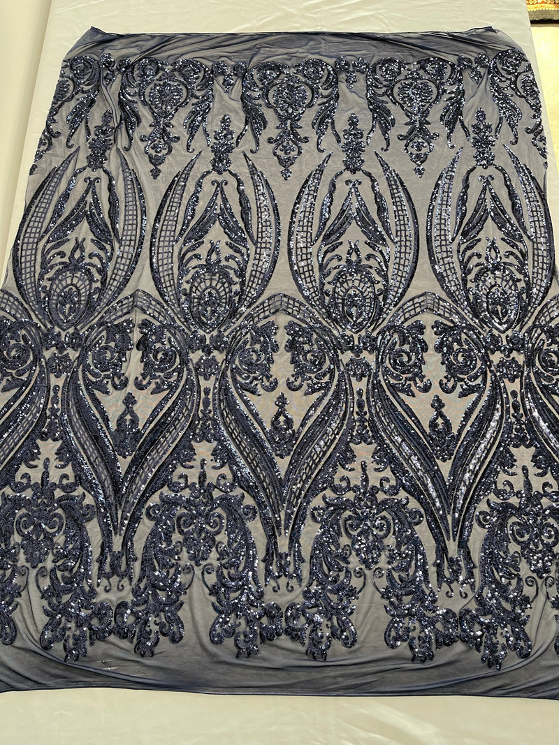 Navy Blue Sequins Fabric on Mesh, Damask Design 4 Way Stretch Sequin Fabric Sold By The Yard