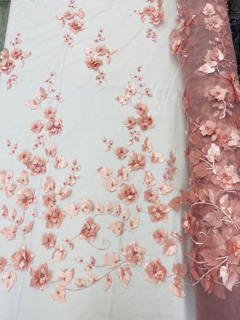 Dusty Rose 3D Floral Design Embroider and Beaded With Pearls On a Mesh Lace Fabric By The Yard