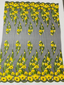 Yellow/Green Lace Fabric - By The Yard - Floral Design Embroidered on Black Mesh Lace Fabric