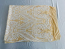 White Sequins Fabric on Lt Nude Mesh, Damask Design 4 Way Stretch Sequin Fabric Sold By The Yard