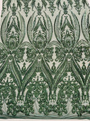 Hunter Green Sequins Fabric on Mesh, Damask Design 4 Way Stretch Sequin Fabric Sold By The Yard