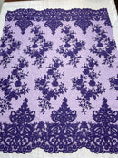 Purple Floral Bridal Lace - By The Yard - Damask Design Embroidered on Mesh Lace Fabric