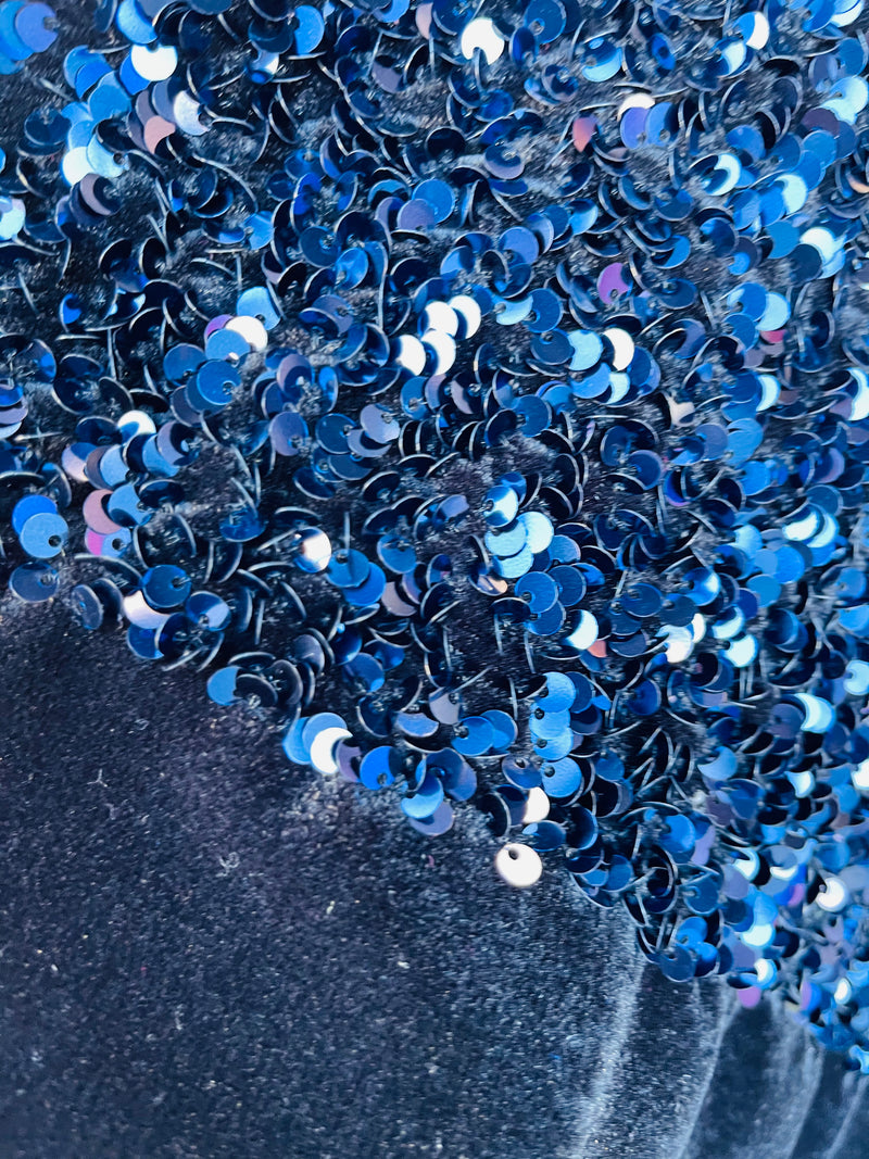 Navy Blue Sequin on Stretch Velvet With Luxury Sequins all Over 5mm Shining Sequins 2-way Stretch 58/60” (Choose The Quantity)