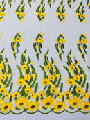 Yellow/Green Lace Fabric - By The Yard - Floral Design Embroidered on Mesh Lace Fabric