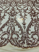 Rose Gold Sequin Fabric On a Mesh 4 Way Stretch, Sequins Fabric Damask Design By The Yard