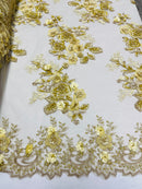 Gold/Yellow 3D Floral Design Embroider and Beaded With Pearls On a Mesh Lace-Prom-Dresses By The Yard