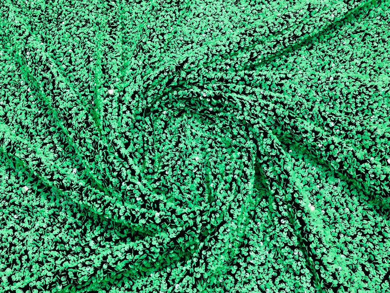 Green Sequins Fabric on Black Stretch Velvet - By The Yard - all Over 5mm Sequins 58”/60